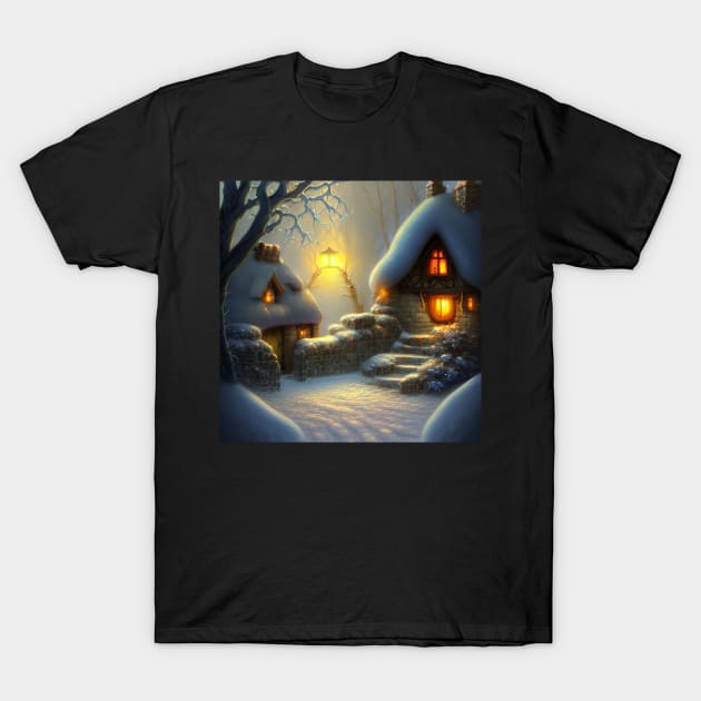 Magical Fantasy Cottage with Lights In A Snowy Scene, Scenery Nature T-Shirt by Promen Art